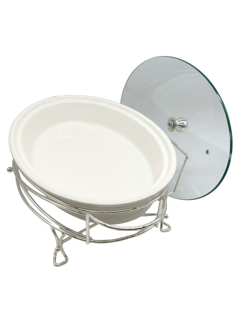 AL-GANNAS 2.2L Oval Ceramic Buffet Food Warmer on Metal Silver Stand | With 2 Tealight Candle Holders, Chafing Dish for Keeping Food Warm - Image 4